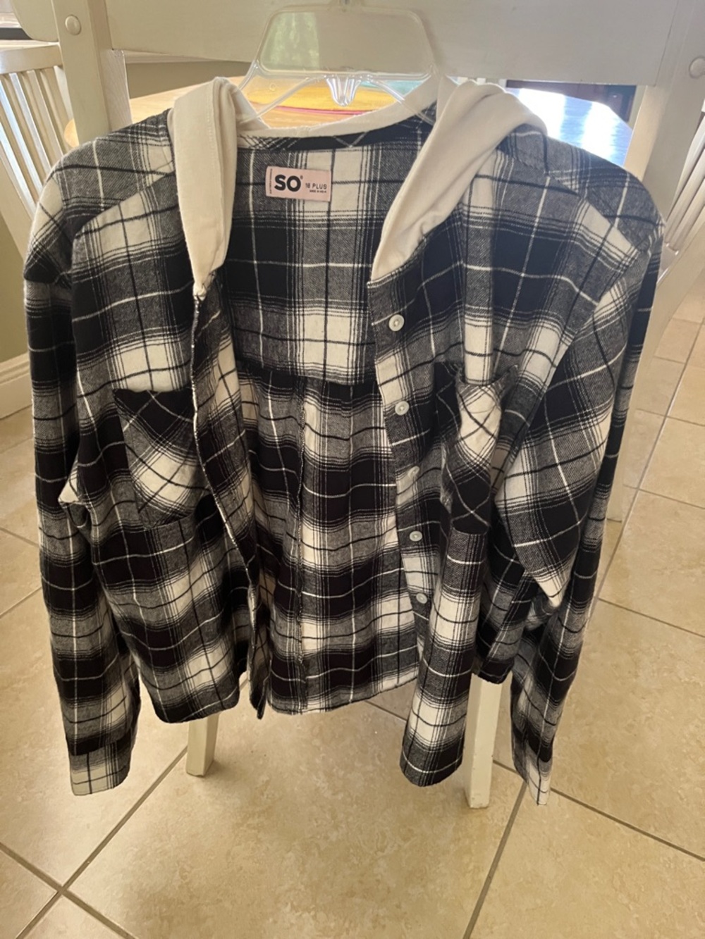 SO Black & cream Plaid Hooded Button-Up flannel Shacket unisex